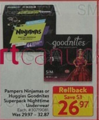Walmart Pampers Ninjamas or Huggies Goodnites Superpack Nighttime Underwear offer