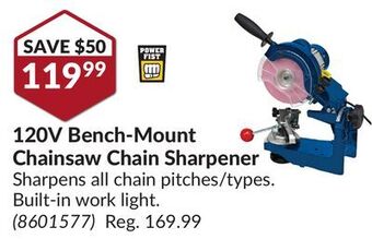 Princess Auto 120v bench-mount chainsaw chain sharpener sharpens offer