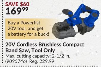 Princess Auto 20v cordless brushless compact band saw, tool only offer