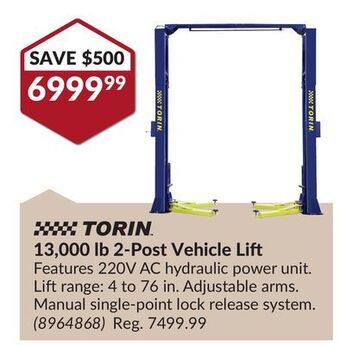 Princess Auto 13,000 lb 2-post vehicle lift offer