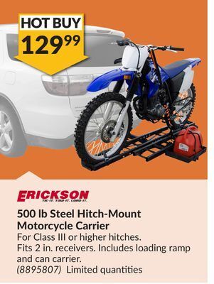 Princess Auto 500 lb steel hitch-mount motorcycle carrier offer