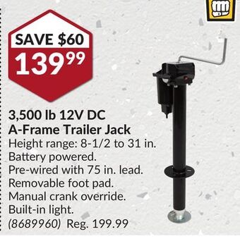 Princess Auto 3,500 lb 12v dc a-frame trailer jack offer