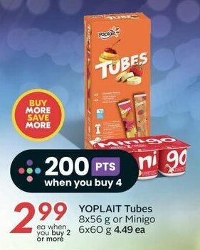 Sobeys YOPLAIT Tubes 8 x 56 g or Minigo 6 x 60 g offer