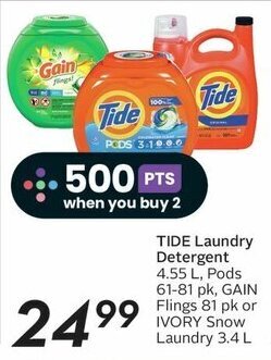 Sobeys TIDE Laundry Detergent 4.55 L, Pods 61 - 81 pk, GAIN Flings 81 pk or IVORY Snow Laundry 3.4 L offer