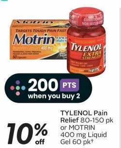 Sobeys TYLENOL Pain Relief 80 - 150 pk or MOTRIN 400 mg Liquid Gel 60 pkt offer
