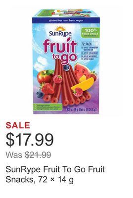 Costco Sunrype fruit to go fruit snacks, 72 × 14 g offer