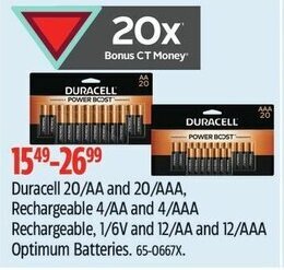 Canadian Tire Duracell 20/AA and 20/AAA, Rechargeable 4/AA and 4/AAA Rechargeable, 1/6V and 12/AA and 12/AAA Optimum Batteries offer
