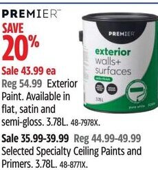 Canadian Tire PREMIER Exterior Paint. Available in flat, satin and semi-gloss. 3.78L. 48-7978X. offer
