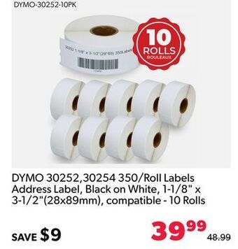 Shopper+ Dymo 30252,30254 350/roll labels address label, black on white, 1-1/8 x 3-1/2(28x89mm), compatible - 10 rolls offer