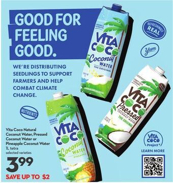 Longo's Vita coco natural coconut water, pressed coconut water or pineapple coconut water offer