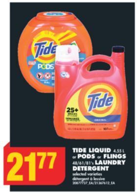 No Frills Tide liquid 4.55 l or pods or flings 48/61/81's laundry detergent offer