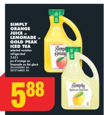 No Frills Simply orange juice or lemonade or gold peak iced tea, 2.63 l offer