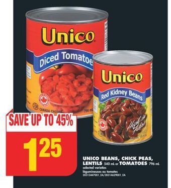 No Frills Unico beans, chick peas, lentils 540 ml or tomatoes 796 ml offer