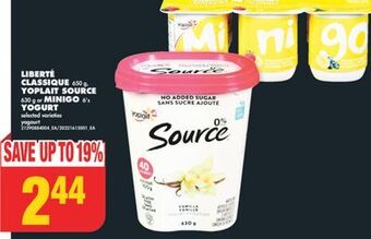 No Frills Liberté classique 650 g, yoplait source 630 g or minigo 6's yogurt offer