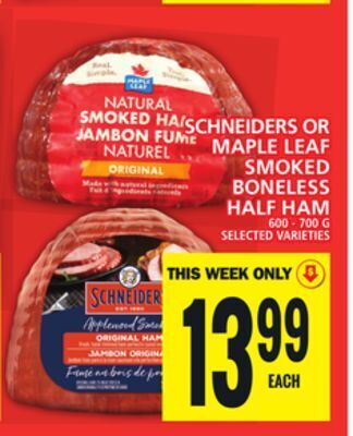 Food Basics Schneiders or maple leaf smoked boneless half ham offer