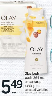 Fortinos Olay body wash 364 ml or bar soap 4x90 g offer