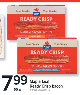 Fortinos Maple leaf ready crisp bacon, 65 g offer