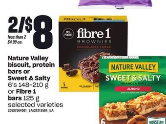 Loblaws Nature valley biscuit protein bars or sweet & salty, 6's 148-210 g or fibre 1 bars, 125 g offer