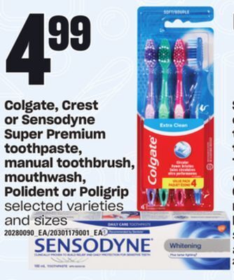 Loblaws Colgate, crest or sensodyne super premium toothpaste, manual toothbrush, mouthwash, polident or poligrip offer