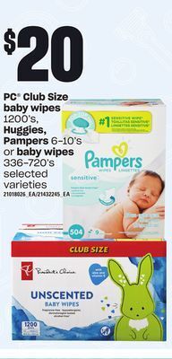 Loblaws Pc® club size baby wipes, 1200's, huggies, pampers, 6-10's or baby wipes, 336-720's offer