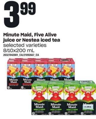Loblaws Minute maid, five alive juice or nestea iced tea, 8/10x200 ml offer