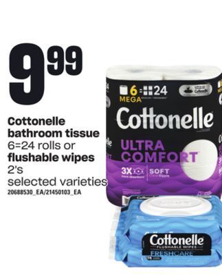 Loblaws Cottonelle bathroom tissue, 6=24 rolls or flushable wipes, 2's offer