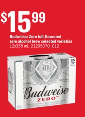 Loblaws Budweiser zero full-flavoured zero alcohol brew, 12x355 ml offer