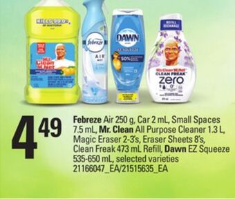 Loblaws Febreze air 250 g, car 2 ml, small spaces 7.5 ml, mr. clean all purpose cleaner 1.3 l, magic eraser 2-3's, eraser sheets 8's, offer