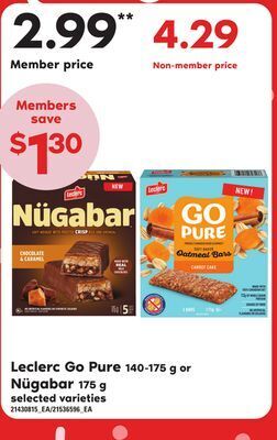 Independent Grocer Leclerc go pure, 140-175 g or nügabar, 175 g offer