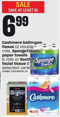 Independent Grocer Cashmere bathroom tissue, 12 double rolls, spongetowels paper towels, 6 rolls or scotties facial tissue, 6's offer