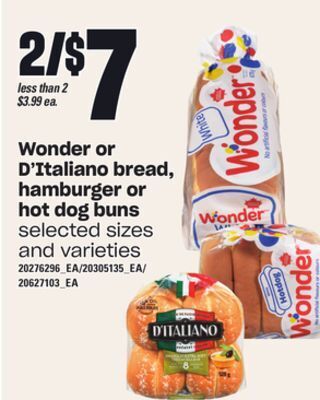 Independent Grocer Wonder or d'italiano bread, hamburger or hot dog buns offer