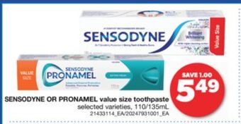 Real Canadian Superstore Sensodyne or pronamel value size toothpaste, 110/135ml offer