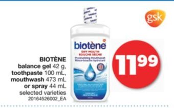 Real Canadian Superstore Biotène balance gel 42 g, toothpaste 100 ml, mouthwash 473 ml or spray 44 ml offer