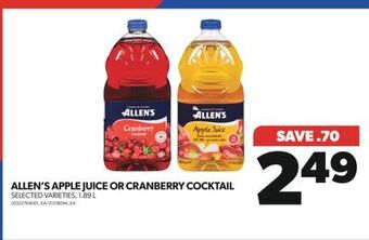 Real Canadian Superstore Allen's apple juice or cranberry cocktail, 1.89 l offer