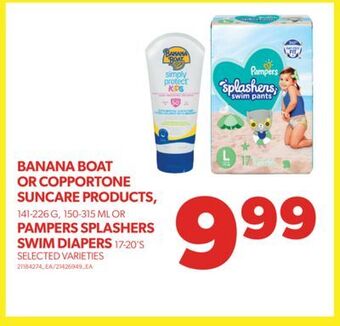 Real Canadian Superstore Banana boat or copportone suncare products, 141-226 g, 150-315 ml or pampers splashers swim diapers 17-20's offer