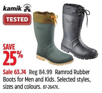 Canadian Tire Kamik ramrod rubber boots for men and kids offer