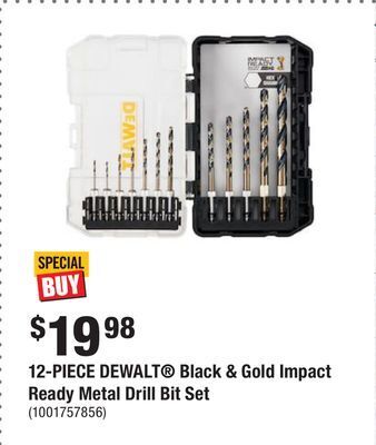 Home Depot 12-piece dewalt® black & gold impact ready metal drill bit set offer
