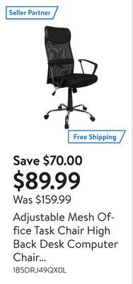 Walmart Adjustable mesh office task chair high back desk computer chair with fixed arms and fabric seat offer