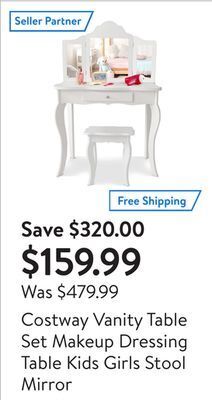 Walmart Costway vanity table set makeup dressing table kids girls stool mirror offer