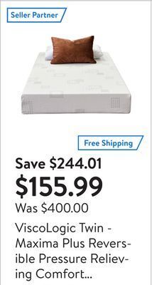 Walmart Viscologic twin - maxima plus reversible pressure relieving comfort foam twin mattress, removable zipper cover, certipur-usâ® offer