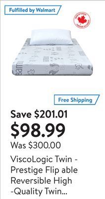 Walmart Viscologic twin - prestige flip able reversible high -quality twin mattress perfect for bunk bed, trundle, guest bed and cara offer