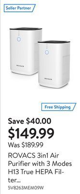Walmart Rovacs 3in1 air purifier with 3 modes h13 true hepa filter activated carbon filter for bedroom living room office2 pack offer