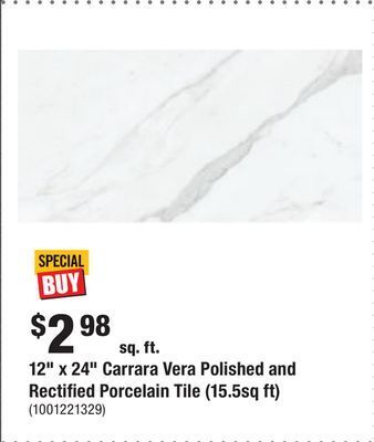 Home Depot 12 x 24 carrara vera polished and rectified porcelain tile (15.5sq ft) offer