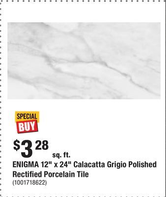 Home Depot Enigma 12 x 24 calacatta grigio polished rectified porcelain tile offer