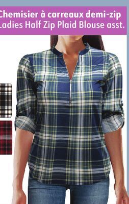 Sushi Shop Ladies half zip plaid blouse offer