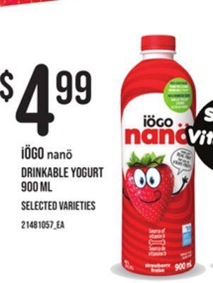 Zehrs Markets Iögo nanö drinkable yogurt, 900 ml offer