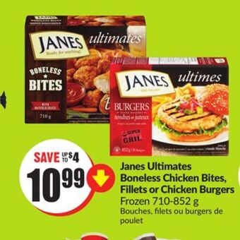FreshCo Janes ultimates boneless chicken bites, fillets or chicken burgers frozen 710-852 g offer