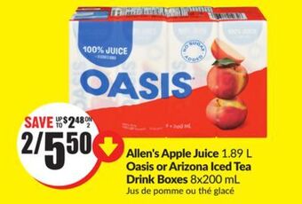 Chalo FreshCo Allen's apple juice 1.89 l oasis or arizona iced tea drink boxes 8x200 ml offer