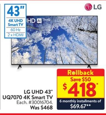 Walmart Lg uhd 43 uq7070 4k smart tv offer
