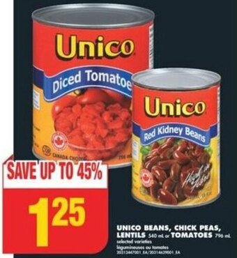 No Frills UNICO BEANS, CHICK PEAS, LENTILS 540 or TOMATOES 796 ml offer